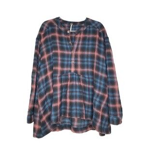 Free People Top Women Large Plaid Blue Pink Hi Lo Long Sleeve 100% Wool